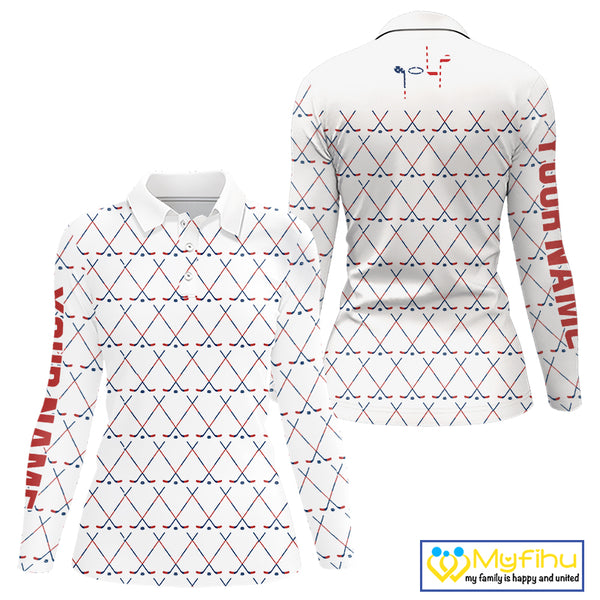 Red, White and Blue golf clubs pattern Women golf polo shirt Custom Patriotic golf outfits for ladies NQS10198