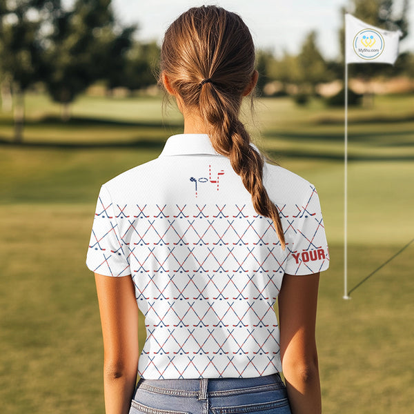 Red, White and Blue golf clubs pattern Women golf polo shirt Custom Patriotic golf outfits for ladies NQS10198