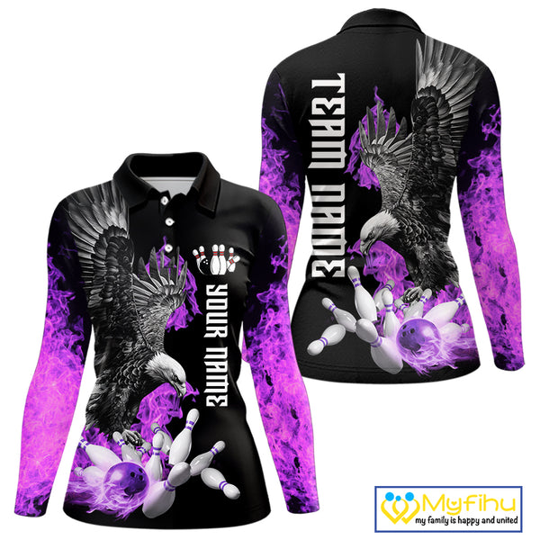 Custom Purple Flame Black Eagle Bowling Polo, Quarter Zip Shirt For Women, Team Bowling Clothes NQS10351