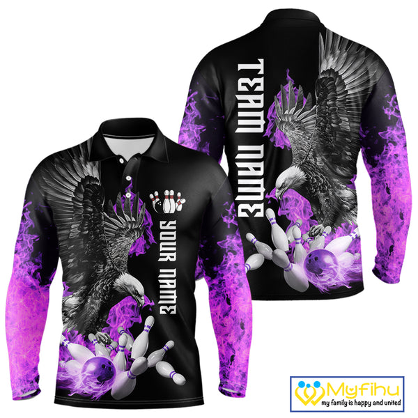 Custom Purple Flame Black Eagle Bowling Polo, Quarter Zip Shirt For Men, Team Bowling Clothes NQS10351