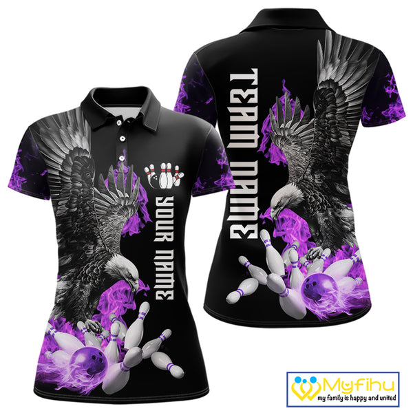 Custom Purple Flame Black Eagle Bowling Polo, Quarter Zip Shirt For Women, Team Bowling Clothes NQS10351