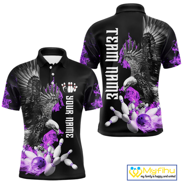 Custom Purple Flame Black Eagle Bowling Polo, Quarter Zip Shirt For Men, Team Bowling Clothes NQS10351