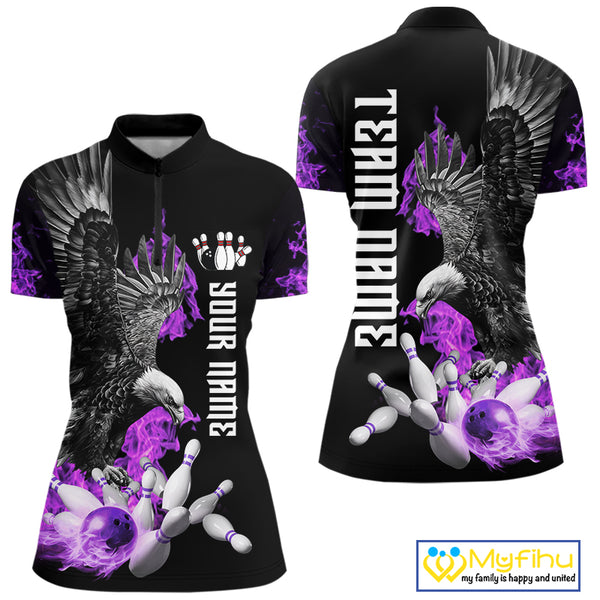 Custom Purple Flame Black Eagle Bowling Polo, Quarter Zip Shirt For Women, Team Bowling Clothes NQS10351