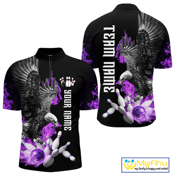 Custom Purple Flame Black Eagle Bowling Polo, Quarter Zip Shirt For Men, Team Bowling Clothes NQS10351