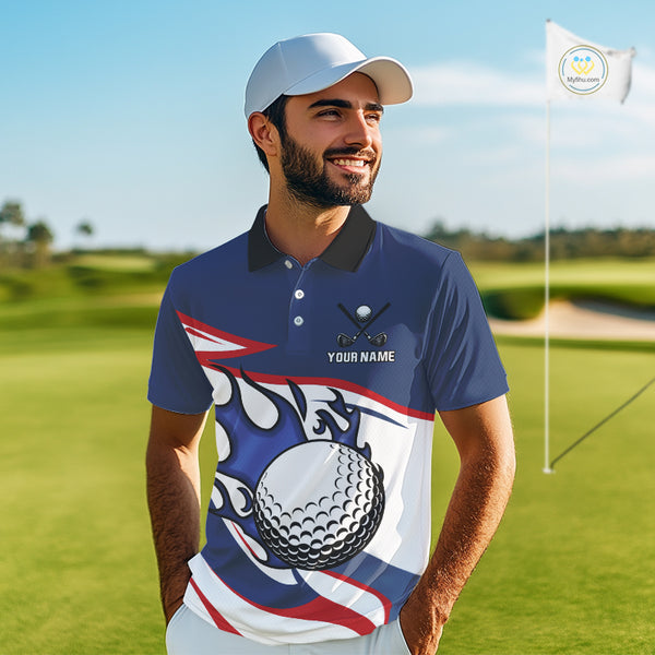 Red, White and Blue Flame golf ball Mens Golf polo shirts Custom patriotic Golf Outfit For Mens NQS10044