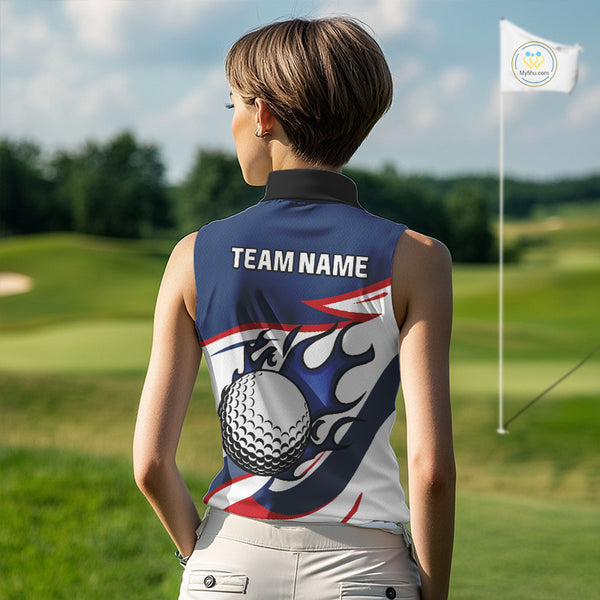 Red, White and Blue Flame golf ball Women Sleeveless Golf polo shirts Custom patriotic Golf Outfit NQS10044