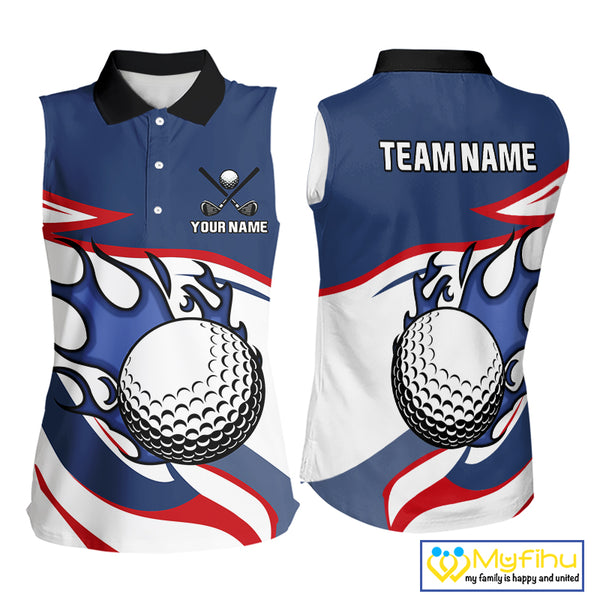 Red, White and Blue Flame golf ball Women Sleeveless Golf polo shirts Custom patriotic Golf Outfit NQS10044