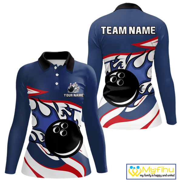 Red, White and Blue Flame bowling ball polo, 1/4 zip shirts for Women Custom patriotic Bowling Outfit NQS10045