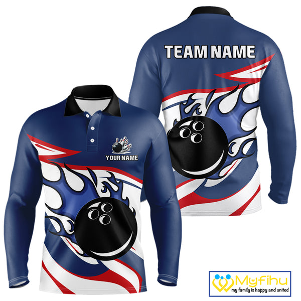 Red, White and Blue Flame bowling ball polo, 1/4 zip shirts for Men Custom patriotic Bowling Outfit NQS10045