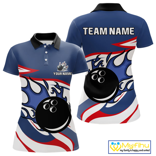 Red, White and Blue Flame bowling ball polo, 1/4 zip shirts for Women Custom patriotic Bowling Outfit NQS10045