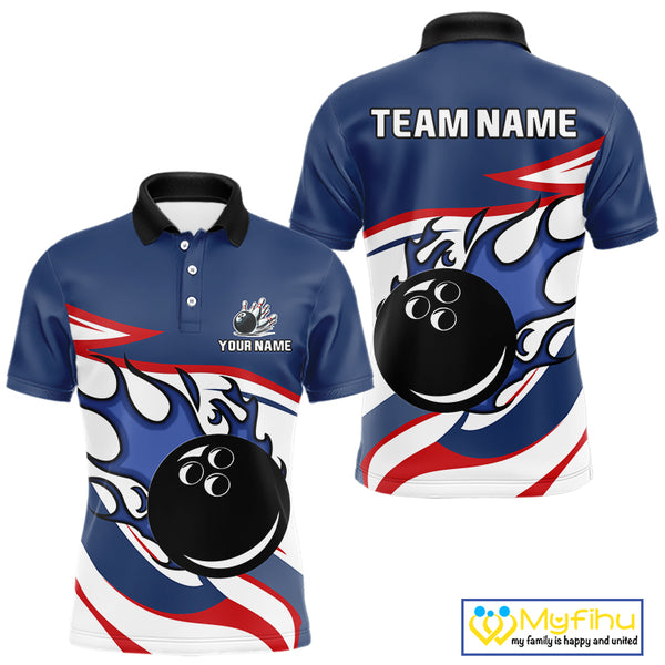 Red, White and Blue Flame bowling ball polo, 1/4 zip shirts for Men Custom patriotic Bowling Outfit NQS10045