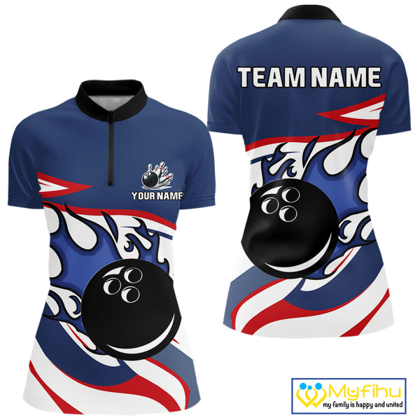 Red, White and Blue Flame bowling ball polo, 1/4 zip shirts for Women Custom patriotic Bowling Outfit NQS10045