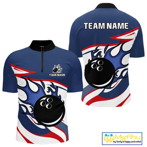 Red, White and Blue Flame bowling ball polo, 1/4 zip shirts for Men Custom patriotic Bowling Outfit NQS10045