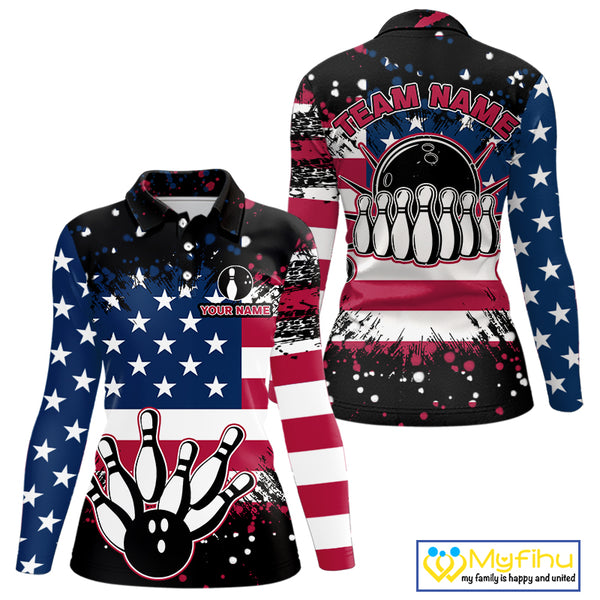 American Flag Black Bowling Polo, 1/4 Zip Shirts For Women custom patriotic retro bowling team shirts NQS10210
