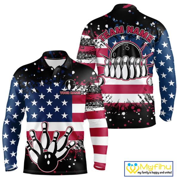 American Flag Black Bowling Polo, 1/4 Zip Shirts For Men custom patriotic retro bowling team shirts NQS10210