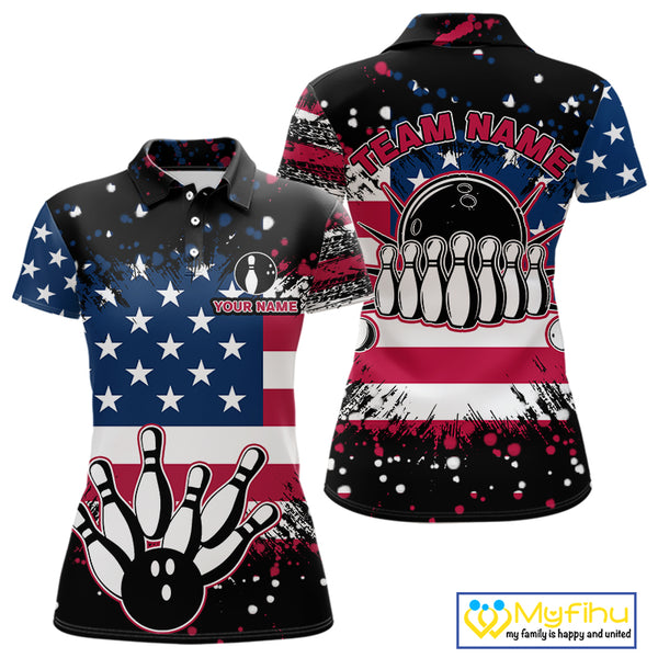American Flag Black Bowling Polo, 1/4 Zip Shirts For Women custom patriotic retro bowling team shirts NQS10210