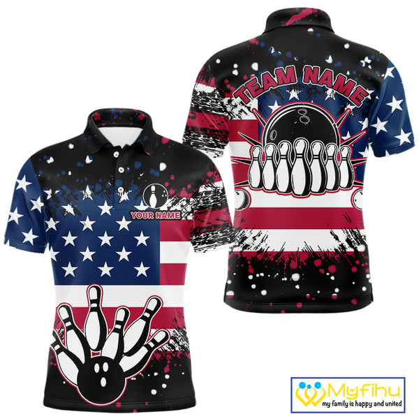 American Flag Black Bowling Polo, 1/4 Zip Shirts For Men custom patriotic retro bowling team shirts NQS10210