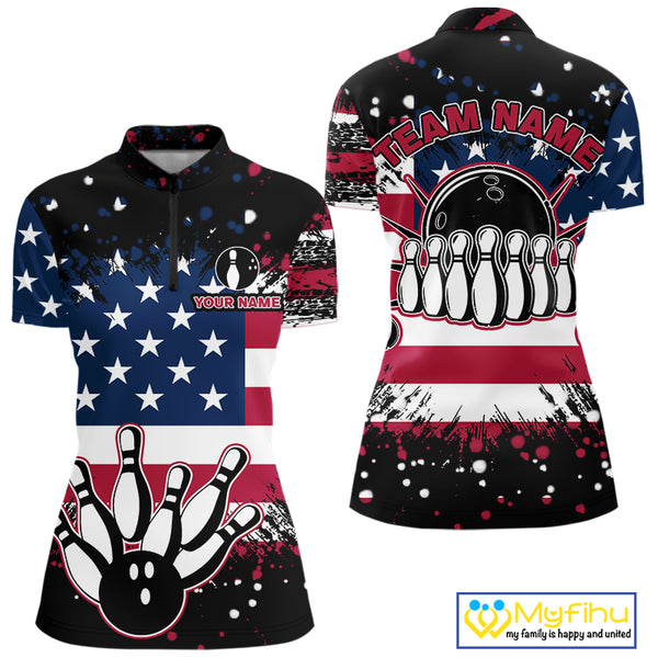 American Flag Black Bowling Polo, 1/4 Zip Shirts For Women custom patriotic retro bowling team shirts NQS10210