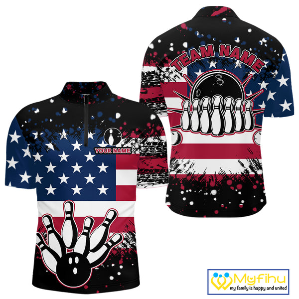 American Flag Black Bowling Polo, 1/4 Zip Shirts For Men custom patriotic retro bowling team shirts NQS10210