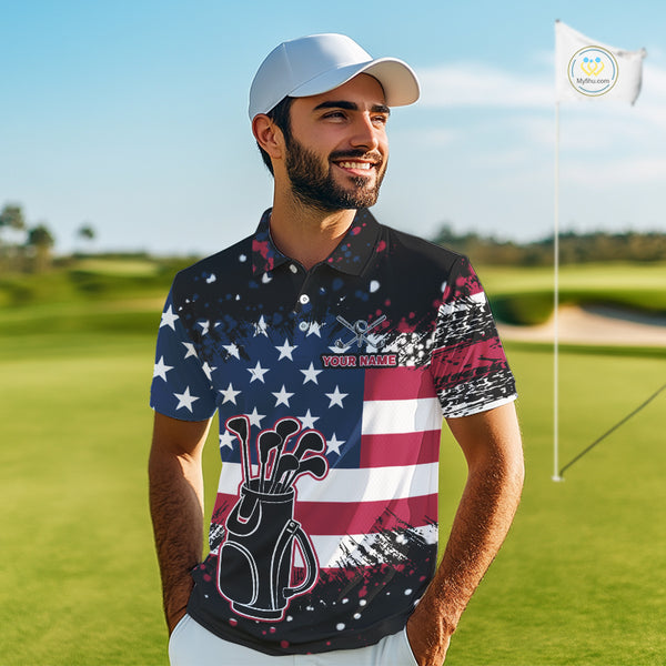 American Flag Black golf polo shirts for men custom patriotic retro golf team shirts, golfer gifts NQS10211