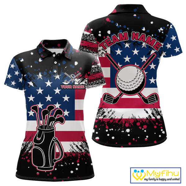 American Flag Black golf polo shirts for Women custom patriotic retro golf team shirts, golfer gifts NQS10211