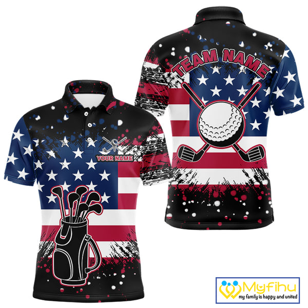 American Flag Black golf polo shirts for men custom patriotic retro golf team shirts, golfer gifts NQS10211