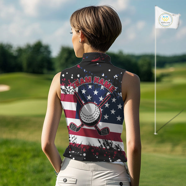 American Flag Black sleeveless golf polo shirts for ladies custom patriotic retro golf team shirts NQS10211
