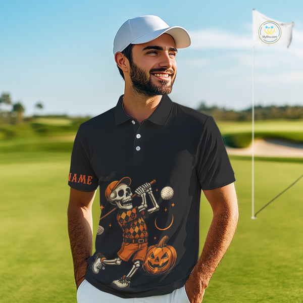 Black and Orange Skull Golf polo shirt for men Custom Halloween Mens golf outfit NQS10353