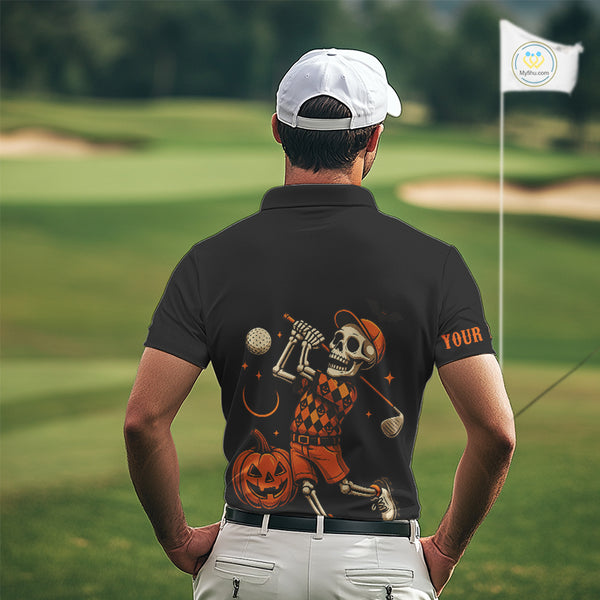 Black and Orange Skull Golf polo shirt for men Custom Halloween Mens golf outfit NQS10353