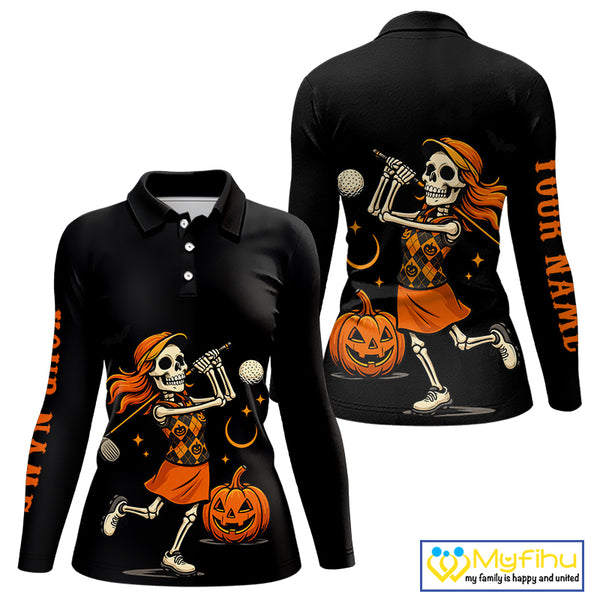 Black and Orange Skull Golf polo shirt for Women Custom Halloween Ladies golf outfit NQS10353