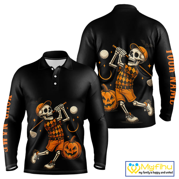 Black and Orange Skull Golf polo shirt for men Custom Halloween Mens golf outfit NQS10353