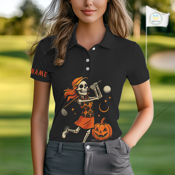 Black and Orange Skull Golf polo shirt for Women Custom Halloween Ladies golf outfit NQS10353