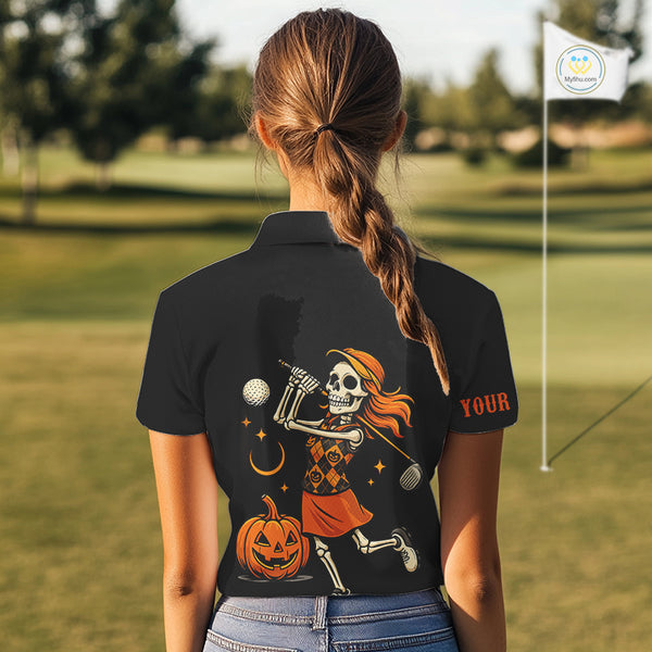Black and Orange Skull Golf polo shirt for Women Custom Halloween Ladies golf outfit NQS10353