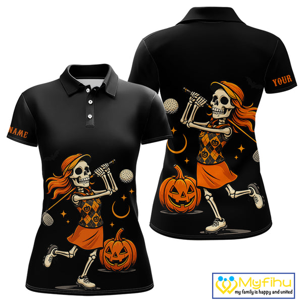 Black and Orange Skull Golf polo shirt for Women Custom Halloween Ladies golf outfit NQS10353