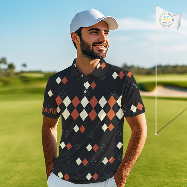 Black and Orange argyle plaid pattern Mens golf polo shirts custom Halloween golf wear for men NQS10356