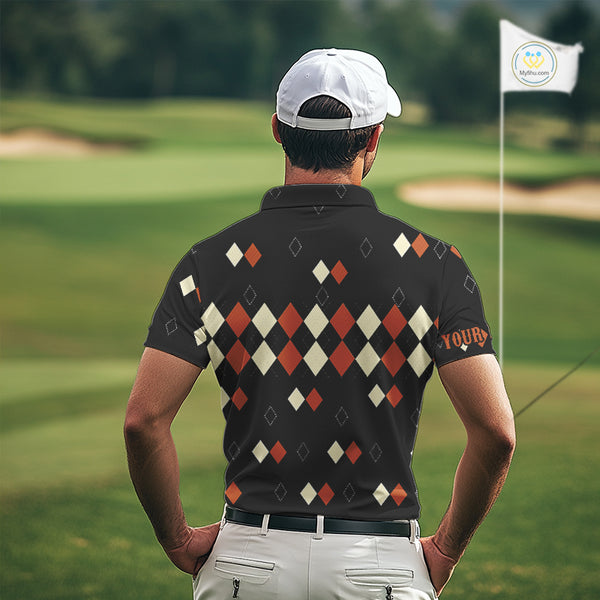 Black and Orange argyle plaid pattern Mens golf polo shirts custom Halloween golf wear for men NQS10356