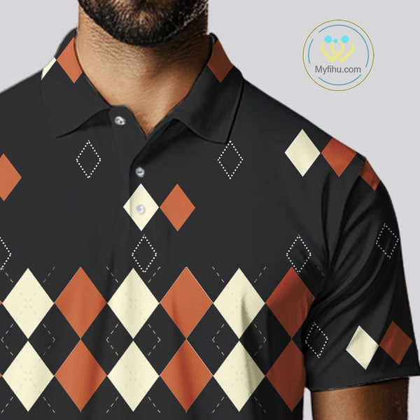 Black and Orange argyle plaid pattern Mens golf polo shirts custom Halloween golf wear for men NQS10356