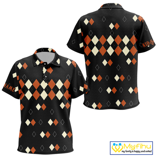 Black and Orange argyle plaid pattern Kid golf polo shirts custom Halloween golf wear for Kid NQS10356