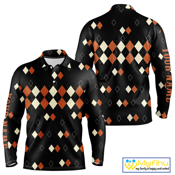 Black and Orange argyle plaid pattern Mens golf polo shirts custom Halloween golf wear for men NQS10356