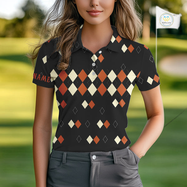 Black and Orange argyle plaid pattern Women golf polo shirts custom Halloween golf wear for ladies NQS10356
