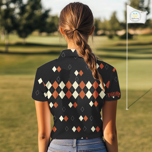 Black and Orange argyle plaid pattern Women golf polo shirts custom Halloween golf wear for ladies NQS10356