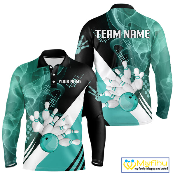 Mens bowling polo, 1/4 zip shirts Custom cyan blue smoke bowling team jerseys, gift for Bowlers NQS10060