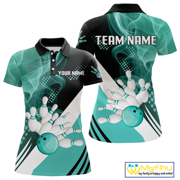 Women bowling polo, 1/4 zip shirts Custom cyan blue smoke bowling team jerseys, gift for Bowlers NQS10060