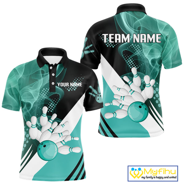 Mens bowling polo, 1/4 zip shirts Custom cyan blue smoke bowling team jerseys, gift for Bowlers NQS10060
