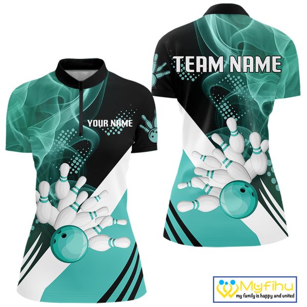 Women bowling polo, 1/4 zip shirts Custom cyan blue smoke bowling team jerseys, gift for Bowlers NQS10060