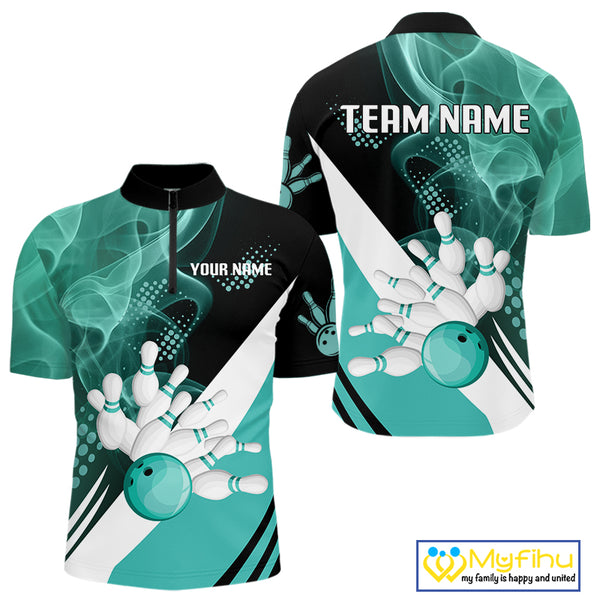 Mens bowling polo, 1/4 zip shirts Custom cyan blue smoke bowling team jerseys, gift for Bowlers NQS10060