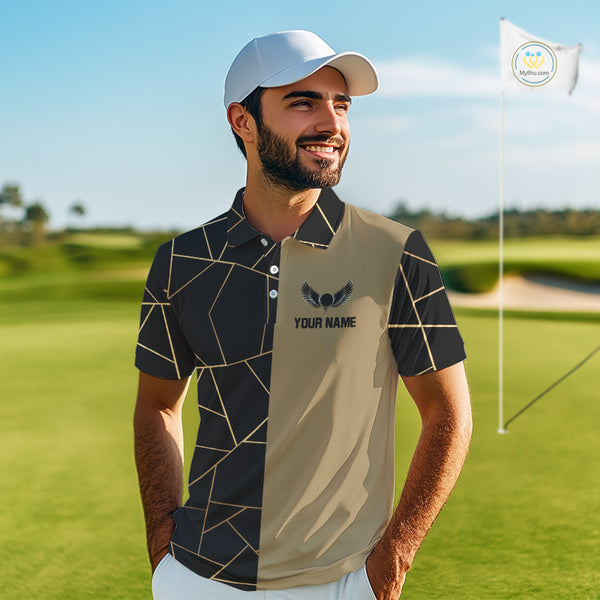 Black and Gold pattern Mens Golf polo shirts custom golf attire for men, golfing gifts NQS10359