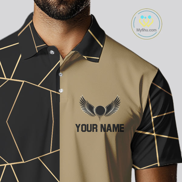 Black and Gold pattern Mens Golf polo shirts custom golf attire for men, golfing gifts NQS10359
