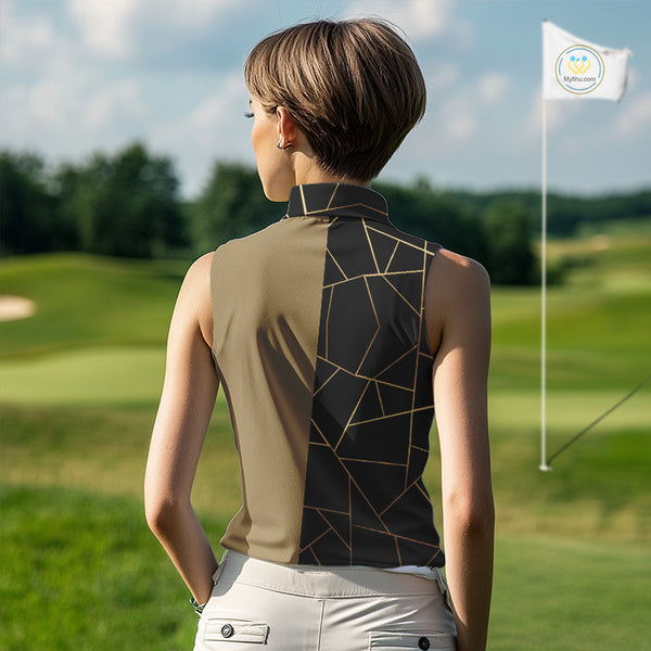 Black and Gold pattern Sleeveless Golf polo shirt custom golf attire for ladies, golfing gifts NQS10359