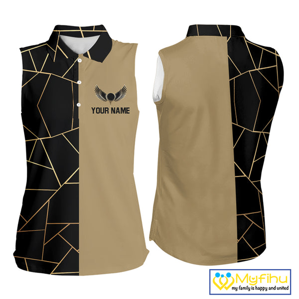 Black and Gold pattern Sleeveless Golf polo shirt custom golf attire for ladies, golfing gifts NQS10359